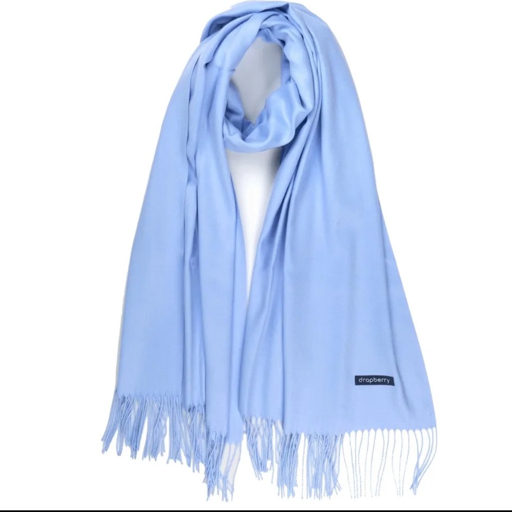 NWT Light Ice Blue Cashmere Scarf Foulard Pashmina fringe wrap w zipper dust bag - Picture 2 of 15